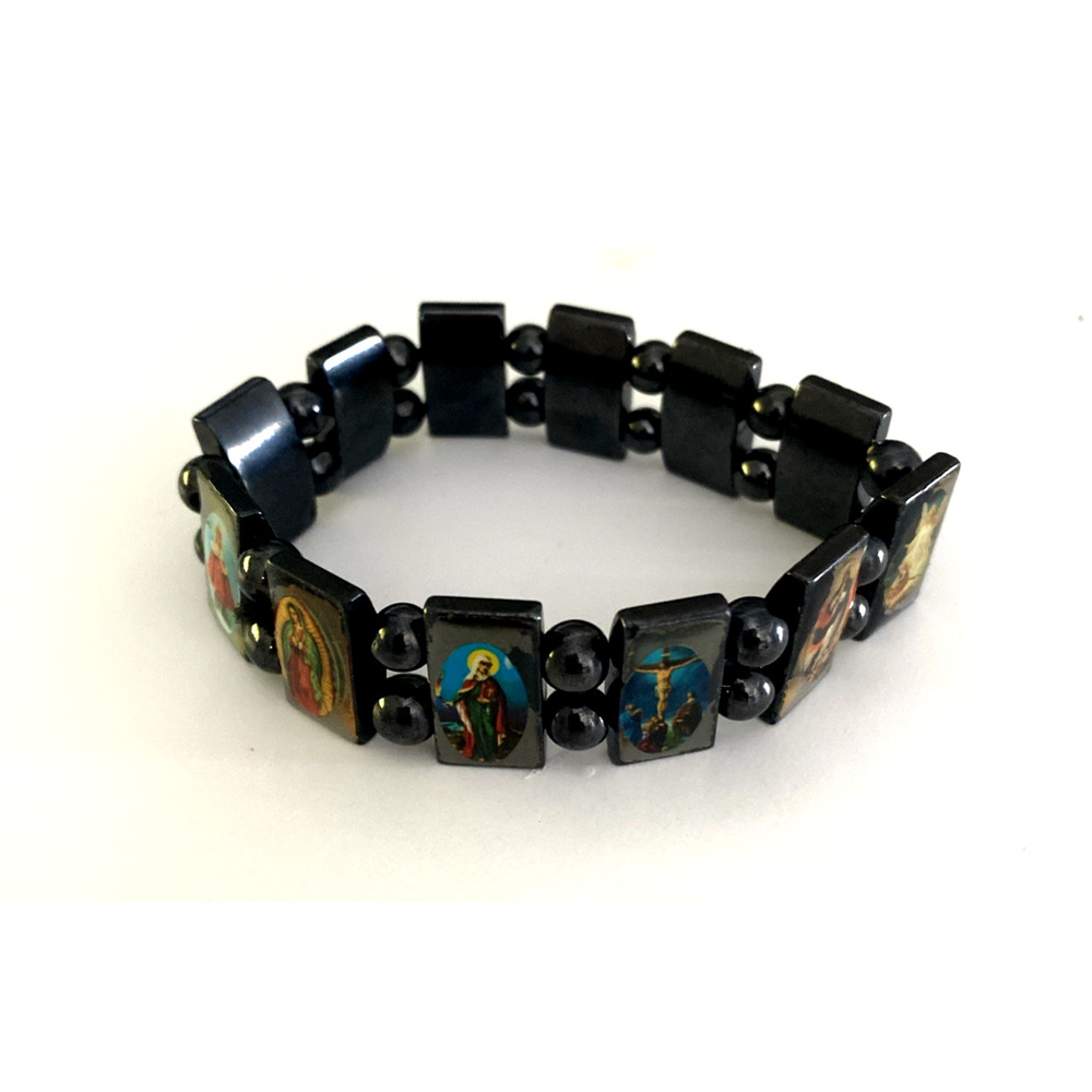 Hematite Catholic Saints Stretch Bracelet 12 Religious Icon Charms Unisex